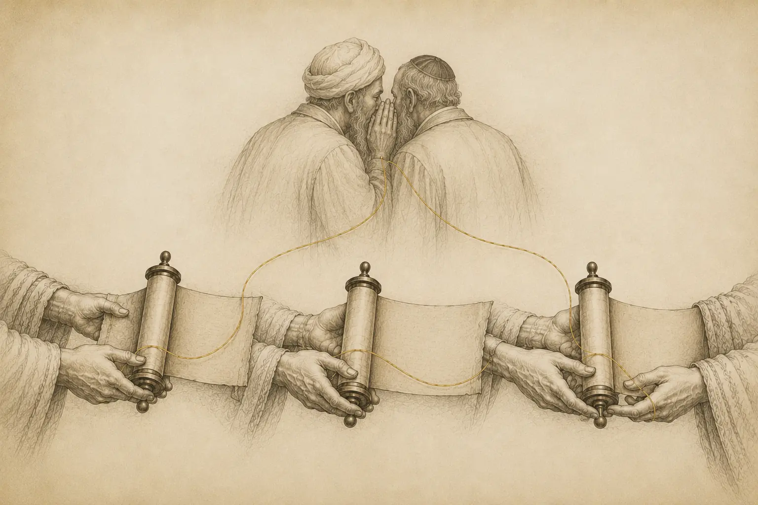 An illustrated Torah scroll passed from hand to hand across generations beneath two rabbis sharing oral teaching, joined by a continuous gold thread