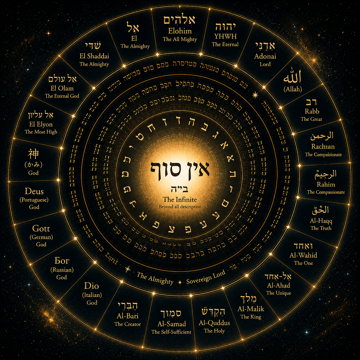 Ancient divine names dissolving into infinite light — representing the distinction between God's revealed Names and His unknowable Essence